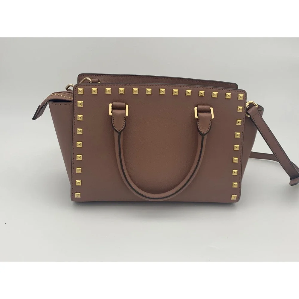 Michael Kors Selma Medium Studded‎ Saffiano Leather Satchel Mauve Gold Hardware